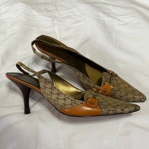 Anne Klein Tan and Brown AK Patterned Slingback Heels - New, Never Worn